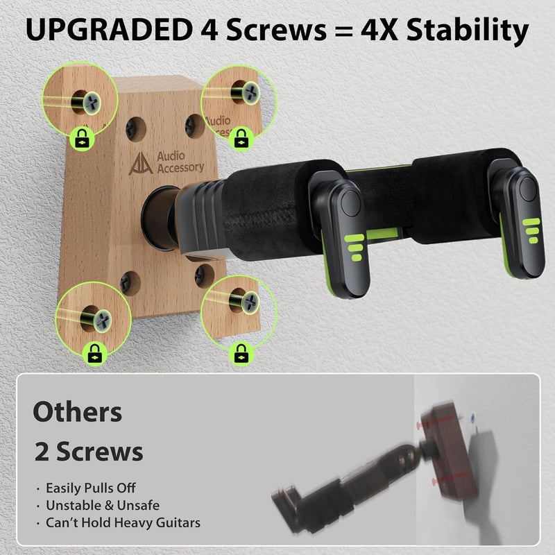 AA AUDIO ACCESSORY Guitar Wall Mount Autolock 3-Pack - Nitro-Safe Velvet Hook, Never Fall Off Design 4-Screw Beech Wood Guitar Wall Hangers for Bass, Acoustic, Classical, Folk Guitar and Mandolin - Image 2